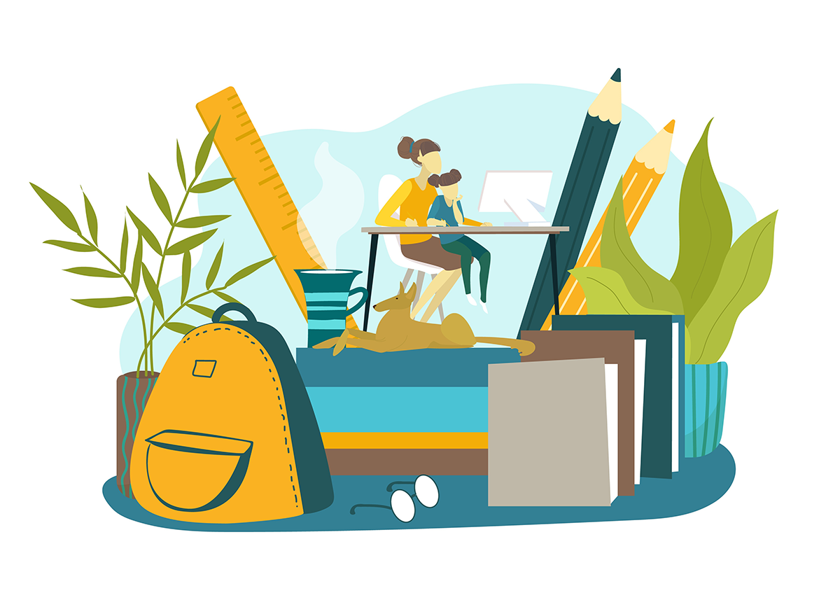 Illustration of parent and child looking at school work from home